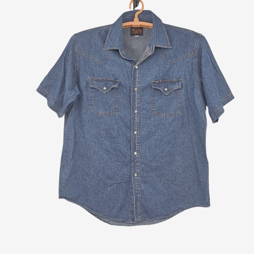 Vtg Plains Western Wear Denim Pearl Snap Men's Large Short Sleeve Shirt